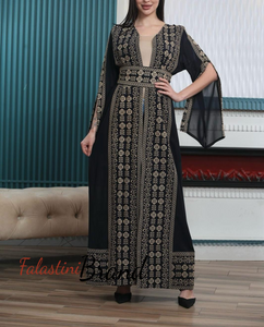 Navy and Golden Chiffon Embroidered Open Abaya Maxi Dress Long Split Sleeve
