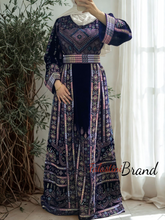 Unique Velvet Navy Blue Palestinian Thobe Dress with Pastel Colors Embroidery