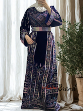 Unique Velvet Navy Blue Palestinian Thobe Dress with Pastel Colors Embroidery
