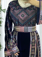 Unique Velvet Navy Blue Palestinian Thobe Dress with Pastel Colors Embroidery
