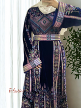 Unique Velvet Navy Blue Palestinian Thobe Dress with Pastel Colors Embroidery
