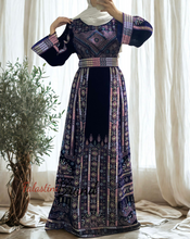 Unique Velvet Navy Blue Palestinian Thobe Dress with Pastel Colors Embroidery
