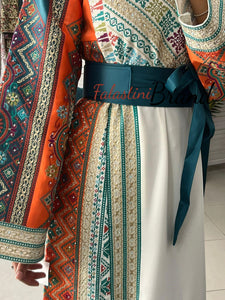 Very Luxurious White and Orange and Turquoise Thobe with Qasab and Satin Details