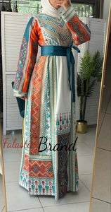 Very Luxurious White and Orange and Turquoise Thobe with Qasab and Satin Details