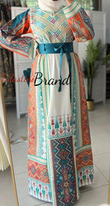 Very Luxurious White and Orange and Turquoise Thobe with Qasab and Satin Details