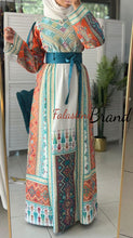 Very Luxurious White and Orange and Turquoise Thobe with Qasab and Satin Details