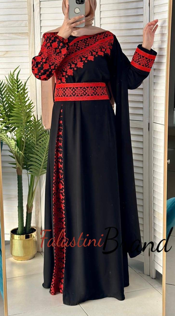 Elegant Black and Red Shoulder Details Embroidered Dress