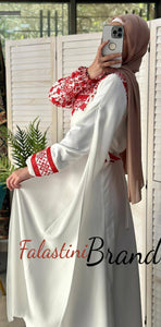 Elegant White and Red Shoulder Details Embroidered Dress