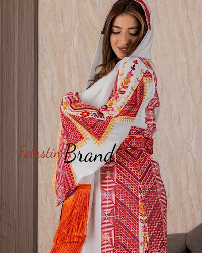 Very Elegant Wide Sleeves White and Red Embroidered Thob with Golden and Malak Details and Head Scarf