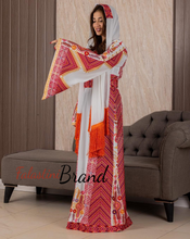 Very Elegant Wide Sleeves White and Red Embroidered Thob with Golden and Malak Details and Head Scarf