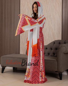 Very Elegant Wide Sleeves White and Red Embroidered Thob with Golden and Malak Details and Head Scarf