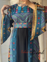 Very Elegant Wide Sleeves Black and Blue Embroidered Thob with Malak and Golden Details and Head Scarf