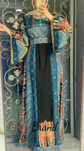 Very Elegant Wide Sleeves Black and Blue Embroidered Thob with Malak and Golden Details and Head Scarf
