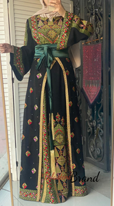 Lavish Black and Green Thob Dress with Detachable Back Skirt and Head Scarf