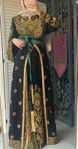 Lavish Black and Green Thob Dress with Detachable Back Skirt and Head Scarf