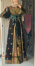 Lavish Black and Green Thob Dress with Detachable Back Skirt and Head Scarf
