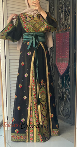 Lavish Black and Green Thob Dress with Detachable Back Skirt and Head Scarf