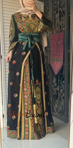 Lavish Black and Green Thob Dress with Detachable Back Skirt and Head Scarf
