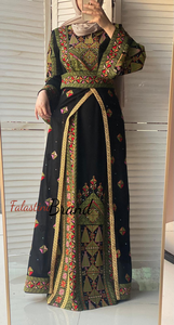 Lavish Black and Green Thob Dress with Detachable Back Skirt and Head Scarf