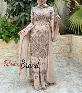 Stylish Mermaid Beige Palestinian Embroidered Dress with Skirt Side Details