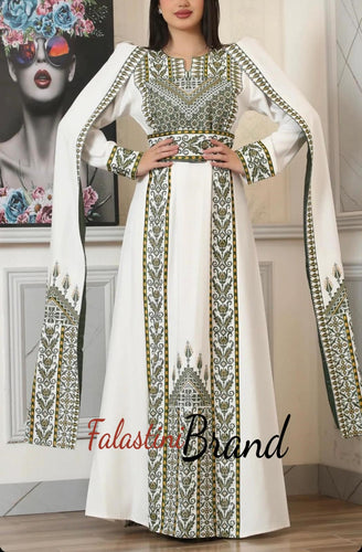 Stunning White And Olive Green Royal Sleeve Palestinian Embroidered Dress
