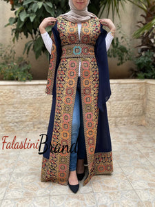 Navy Georgette Embroidered Open Abaya Kaftan Maxi Dress Long Split Sleeve