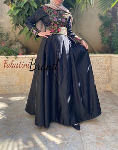 Black Floral Cloche Satin Embroidered Dress