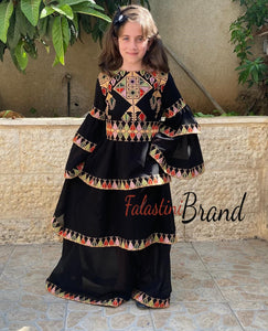 Little Girls Black and Beige Ruffled Embroidered Spanish Like Dress