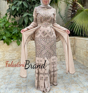 Stylish Mermaid Beige Palestinian Embroidered Dress with Skirt Side Details