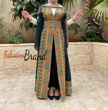 Green Georgette Embroidered Open Abaya Kaftan Maxi Dress Long Split Sleeve