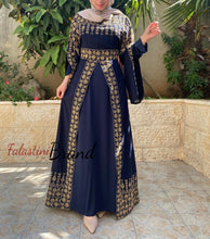 Navy Elegant Split Skirt Two Pieces Thob Dress with Golden Embroidery