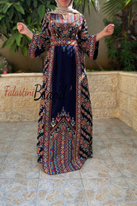 Amazing Dark Navy Multi Color Palestinian Embroidered Thobe Dress With Astonishing Embroidery