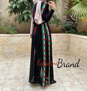 Palestinian Flag Lite Georgette Embroidered Long Vest Abaya
