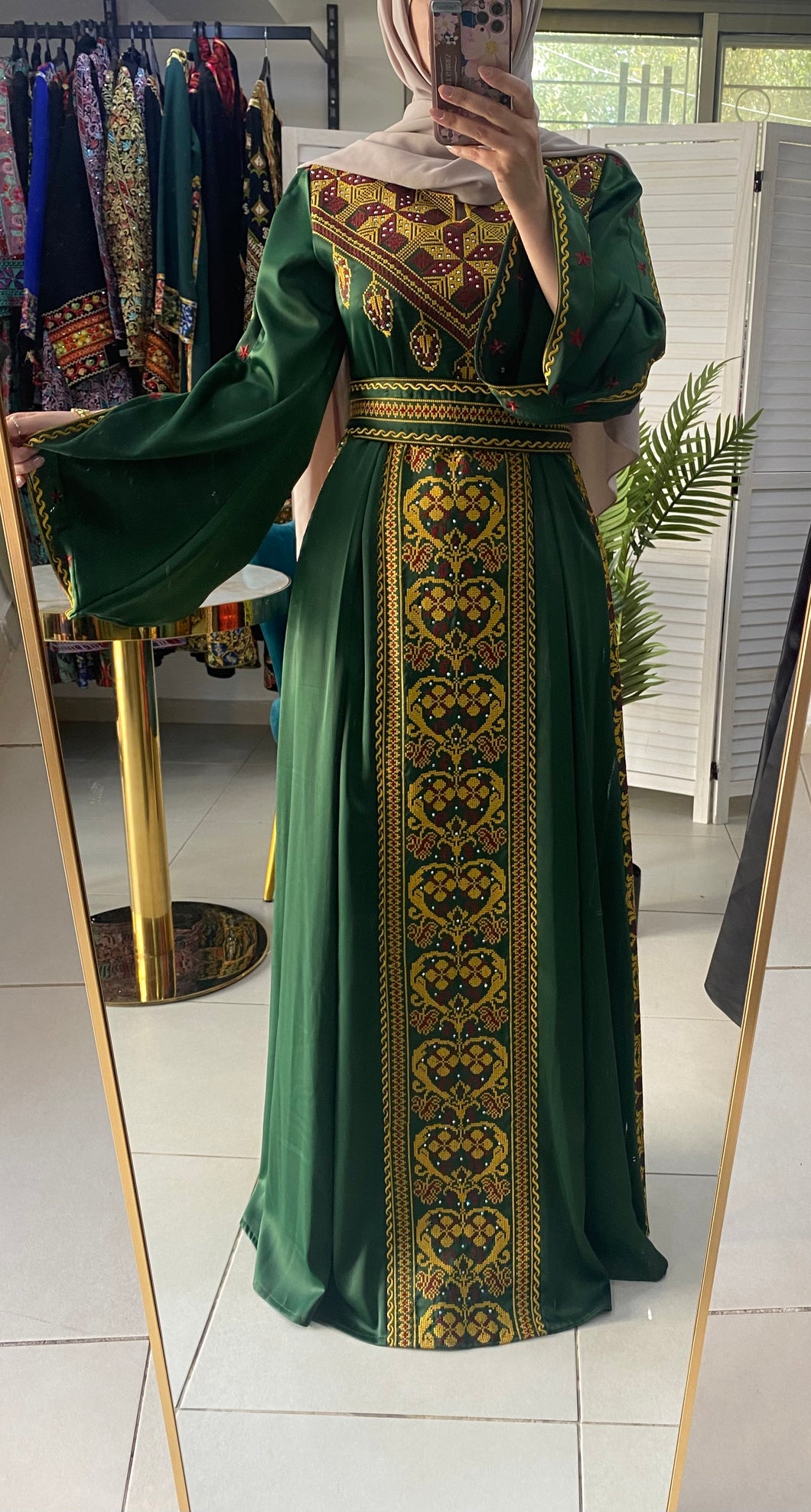 Gorgeous Green Satin  Dress With Golden Embroidery