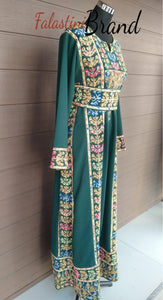 Classy Green Palestinian Embroidered Thobe Dress With Multicolored Embroidery V2