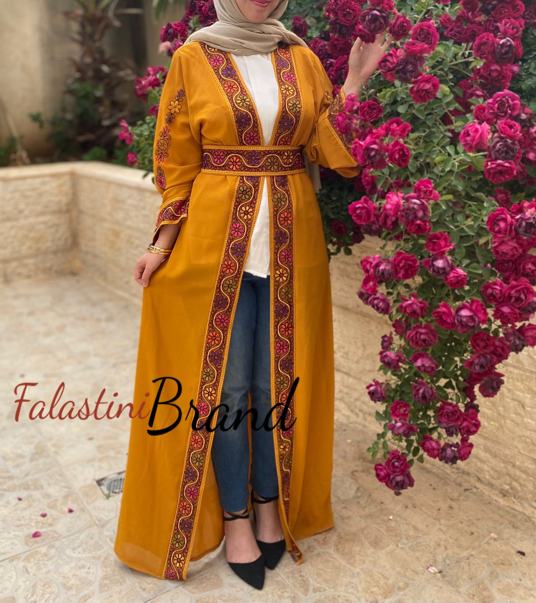 Mustard Malak Design Abaya with Flowers Embroidery