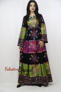 Stunning Modern Embroidered Thob With Green and Pink Satin Details