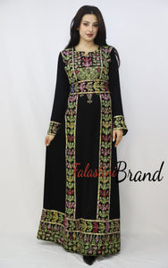 Classy Dark Black Palestinian Embroidered Thobe Dress With Multicolored Embroidery