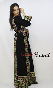Classy Dark Black Palestinian Embroidered Thobe Dress With Multicolored Embroidery