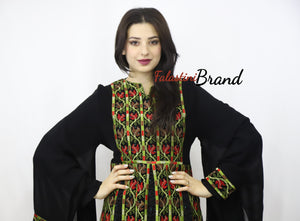Stylish Layered Dark Green and Red Embroidered Tobe Dress With Lace Details