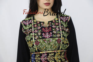 Classy Dark Black Palestinian Embroidered Thobe Dress With Multicolored Embroidery