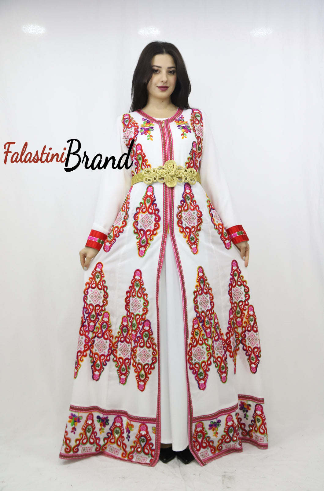 2 Pieces White Kaftan Dress with Red Embroidery