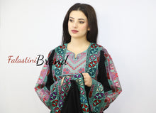 Gorgeous Black and Green Full Details Palestinian Embroidered Dress With Satin