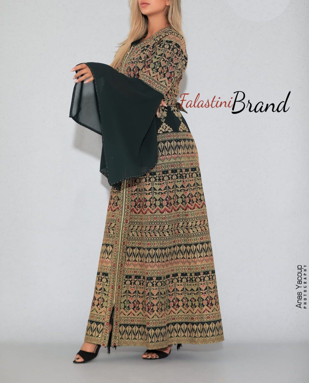 Version 5 Green Palestinian Queen Thobe Embroidered Dress Long Sleeve Palestinian Design And Embroidery