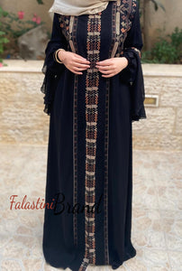 Soft Stunning Palestinian Embroidered Zipper Detail Abaya Orange Embroidery Ruffled Cuffs