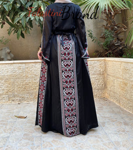 Black Satin Flowy Thob Dress With Silver Gorgeous Embroidery