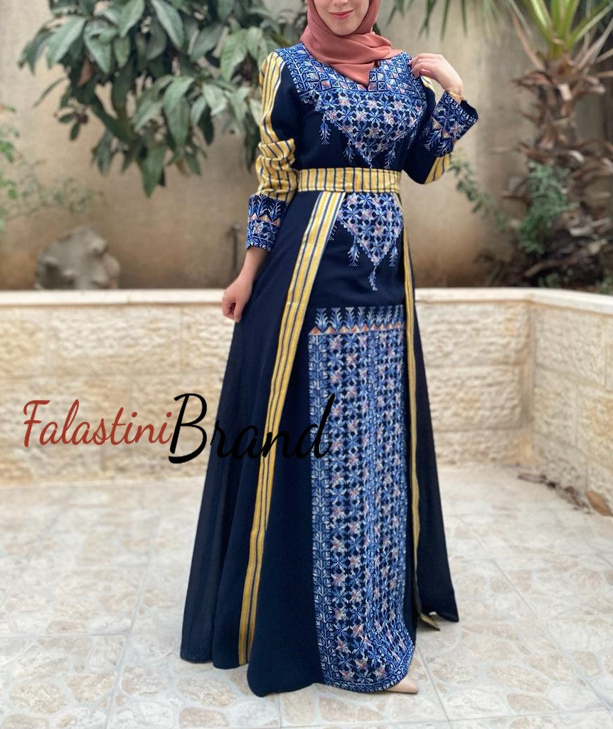 Wonderful Navy Blue Embroidered Thob with Kashmir Details and Attached Skirt