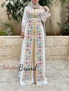 2 Pieces White Moroccan Like Kaftan Dress with Palestinian Embroidery
