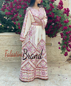 Manajil Off-White Palestinian Embroidered Floral Thobe Dress Palestinian Embroidery