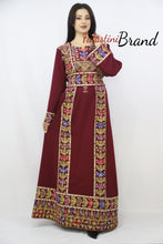 Classy Burgundy Palestinian Embroidered Thobe Dress With Multicolored Embroidery